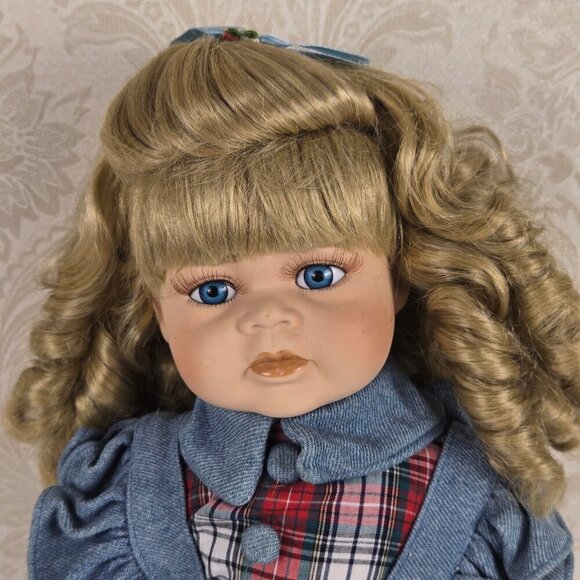 Vintage Delton Porcelain Doll Blue Eyes Blond Ringlets Denim Jumper Plaid Dress - Picture 2 of 16